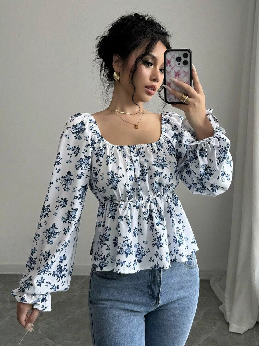 ZARA Spring Summer Square Neck Puff Sleeve Floral Print Long Sleeve Top